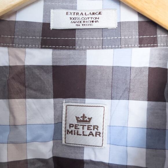 Peter Millar Plaid Button Down Dress Shirt XL Brown Blue Office Work Classic - Picture 2 of 5